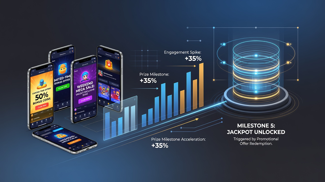 Mobile gaming interface displaying progressive prize milestones and active promotional banners