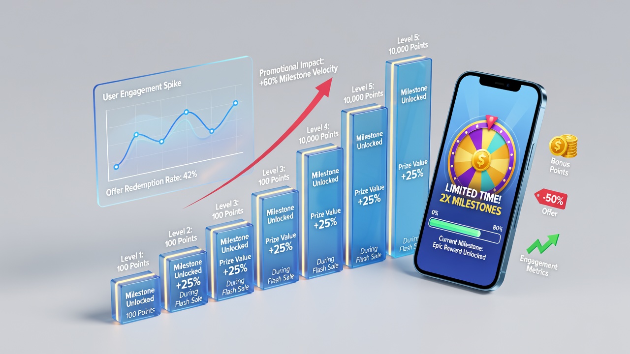 Analytics dashboard showing player progression toward progressive prizes alongside promotional campaign overlays