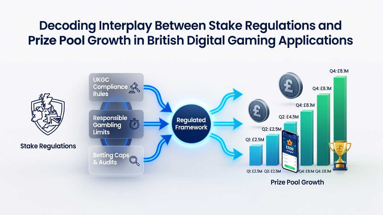 Illustration of British online slot interface highlighting prize pool contributions and stake options