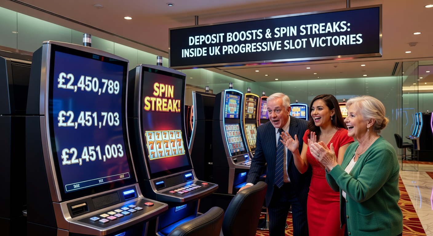 Excited UK player at a slot machine during a spin streak bonus, jackpot ticking upward in the background