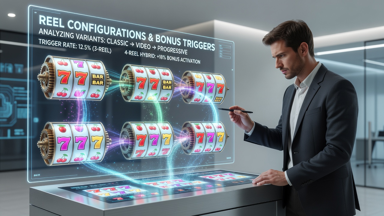 Detailed view of various slot reel configurations showing different row and column setups that affect bonus triggers