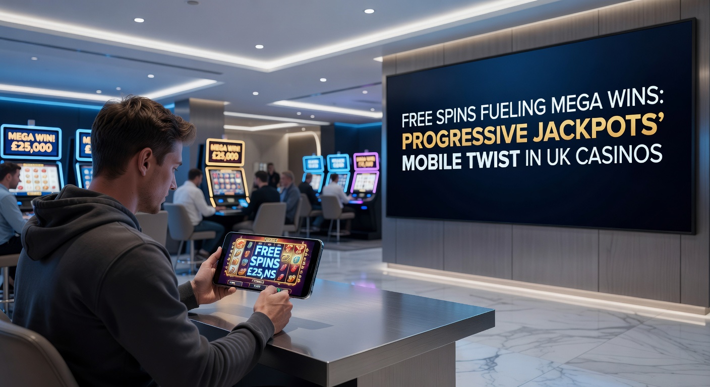 Close-up of a smartphone displaying a free spins bonus round on a progressive jackpot slot, with jackpot meters glowing in the background