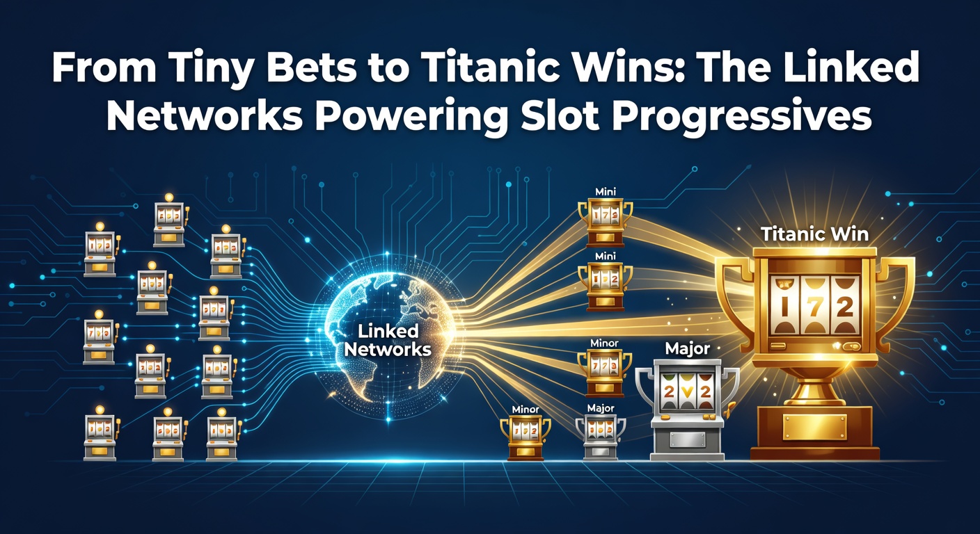 Diagram showing interconnected slot machines feeding into a central progressive jackpot pool across multiple casinos