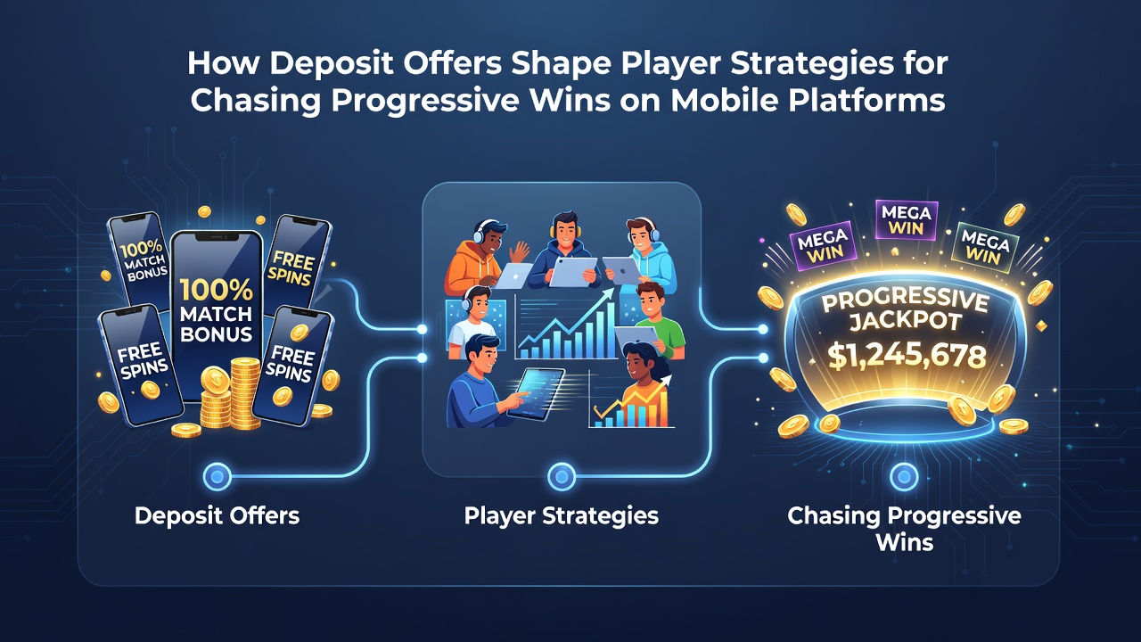 Player analyzing progressive jackpot statistics on a smartphone screen with deposit offer details visible