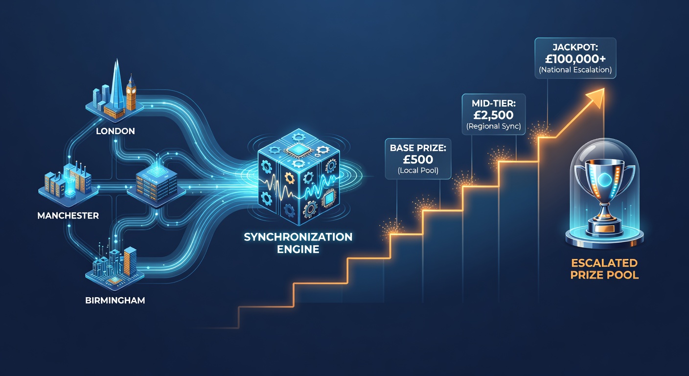 Illustration of real-time data synchronization across UK slot networks with jackpot growth indicators