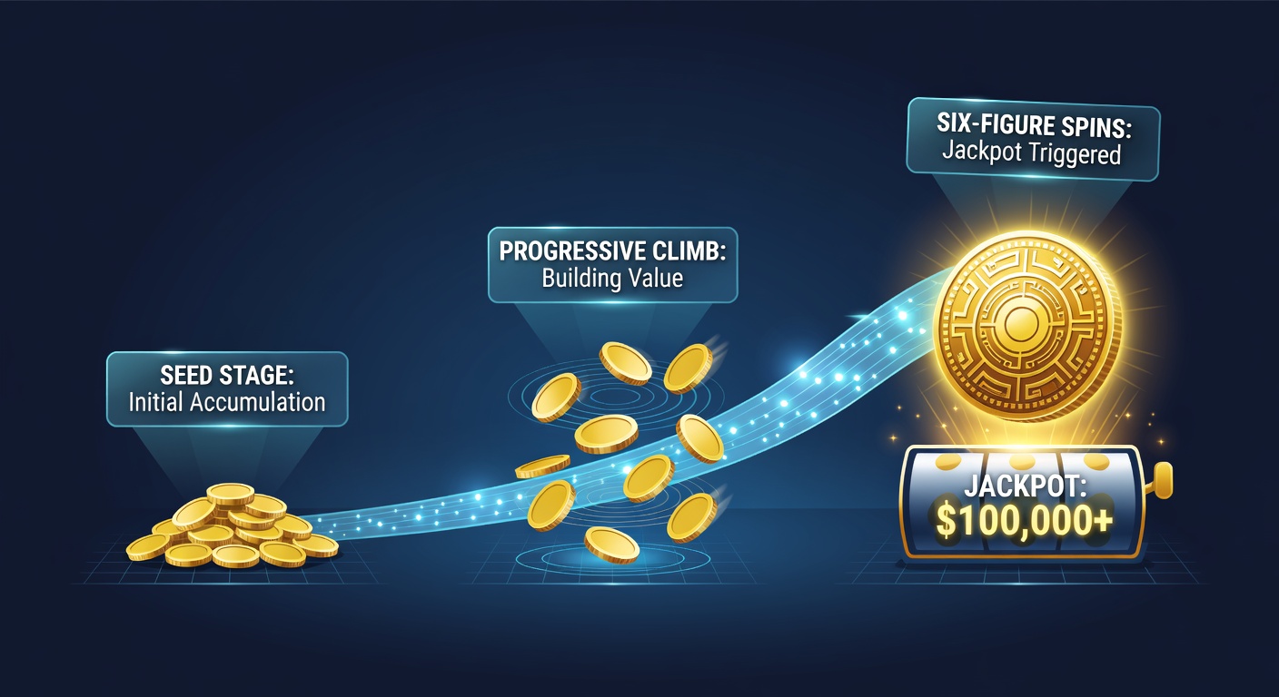 A glowing progressive jackpot meter displaying a rapidly climbing prize from seed amount to six figures, with slot reels spinning in the background