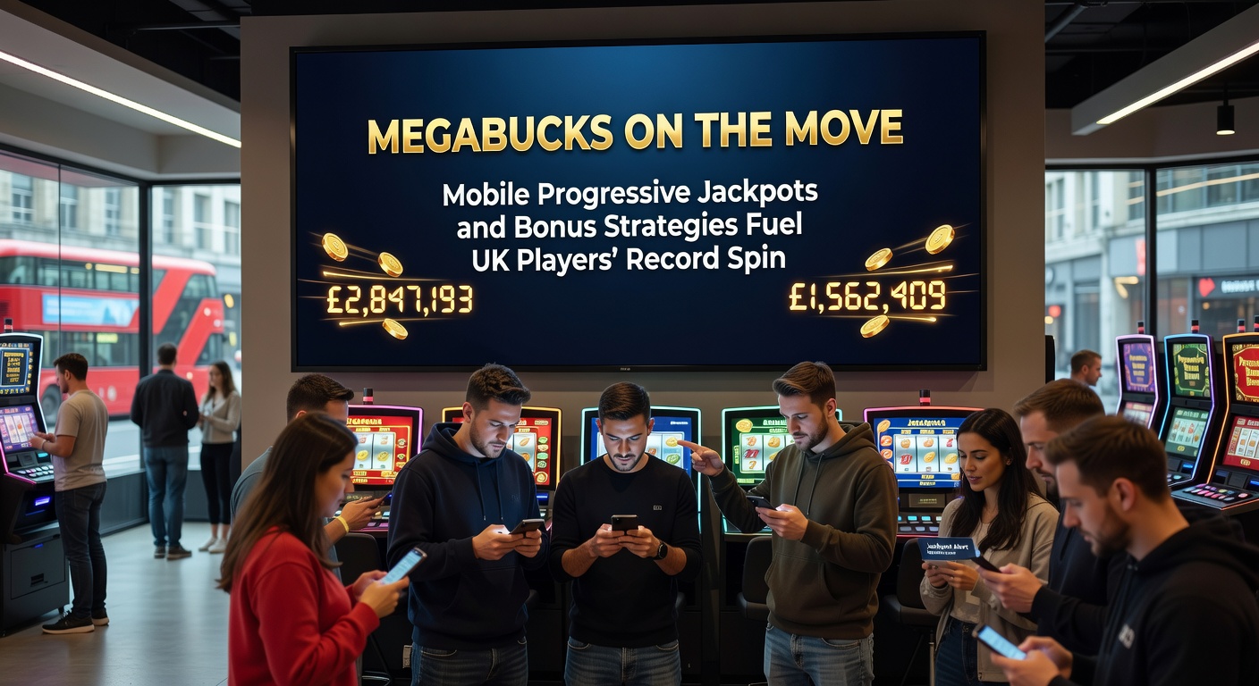 Excited UK player holding a phone with a massive progressive jackpot win notification, surrounded by virtual slot symbols exploding in celebration