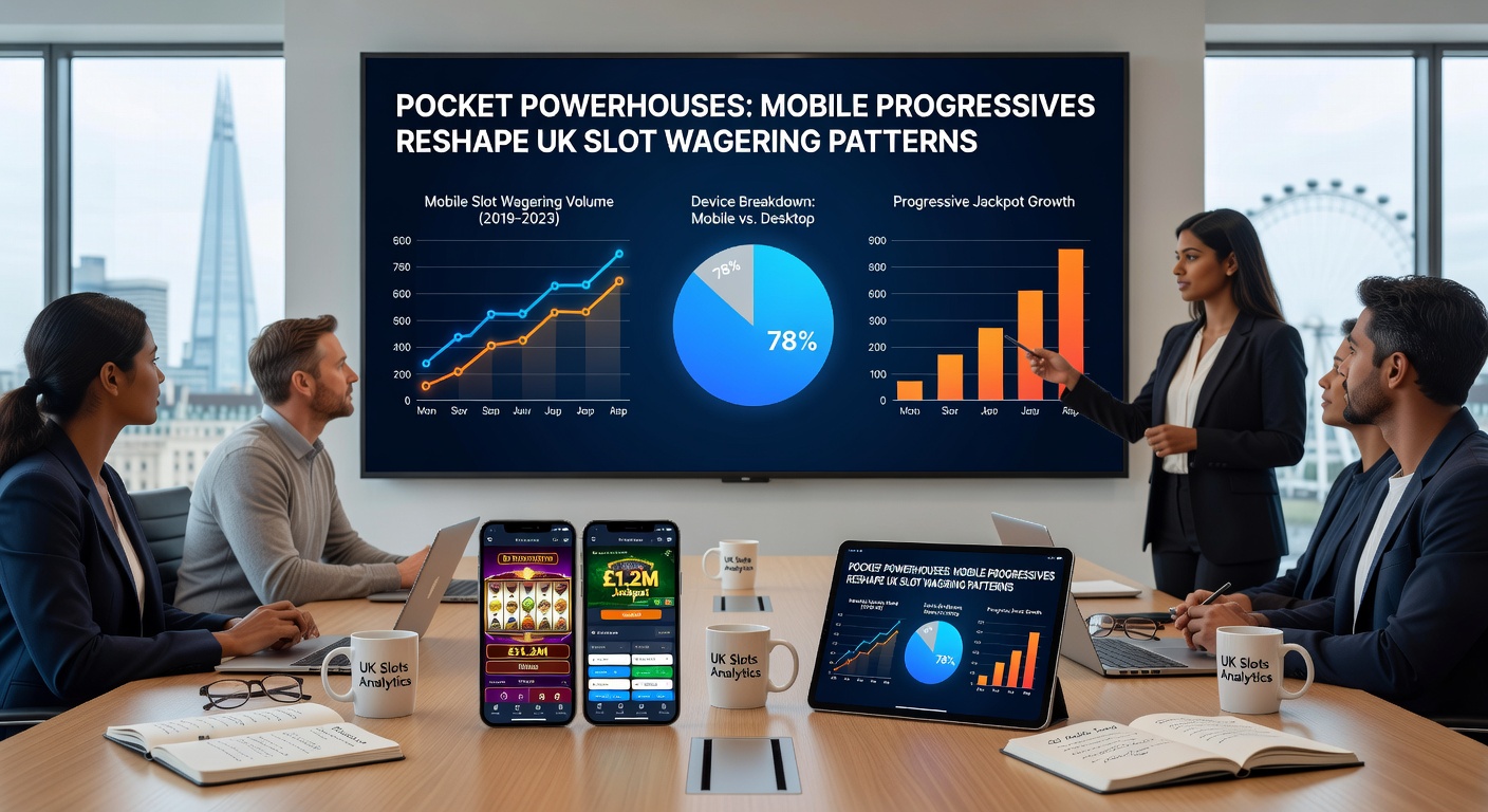 Graph showing upward trend in UK mobile slot wagering volumes with progressive jackpots highlighted in blue, alongside smartphone users