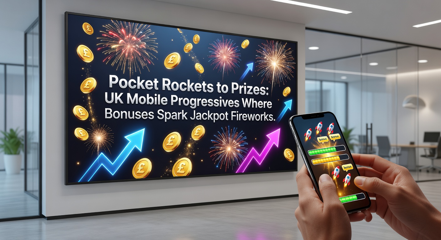 Close-up of a jackpot explosion on a mobile progressive slot interface, featuring bonus meters overflowing with coins and fireworks effects against a dark UK night sky
