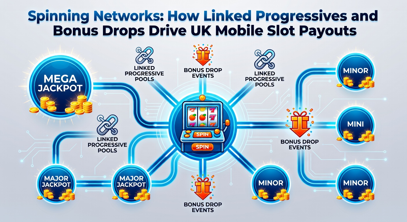 Illustration of bonus drop mechanics in a spinning network, with cascading prizes linking progressive pots across UK mobile slot apps