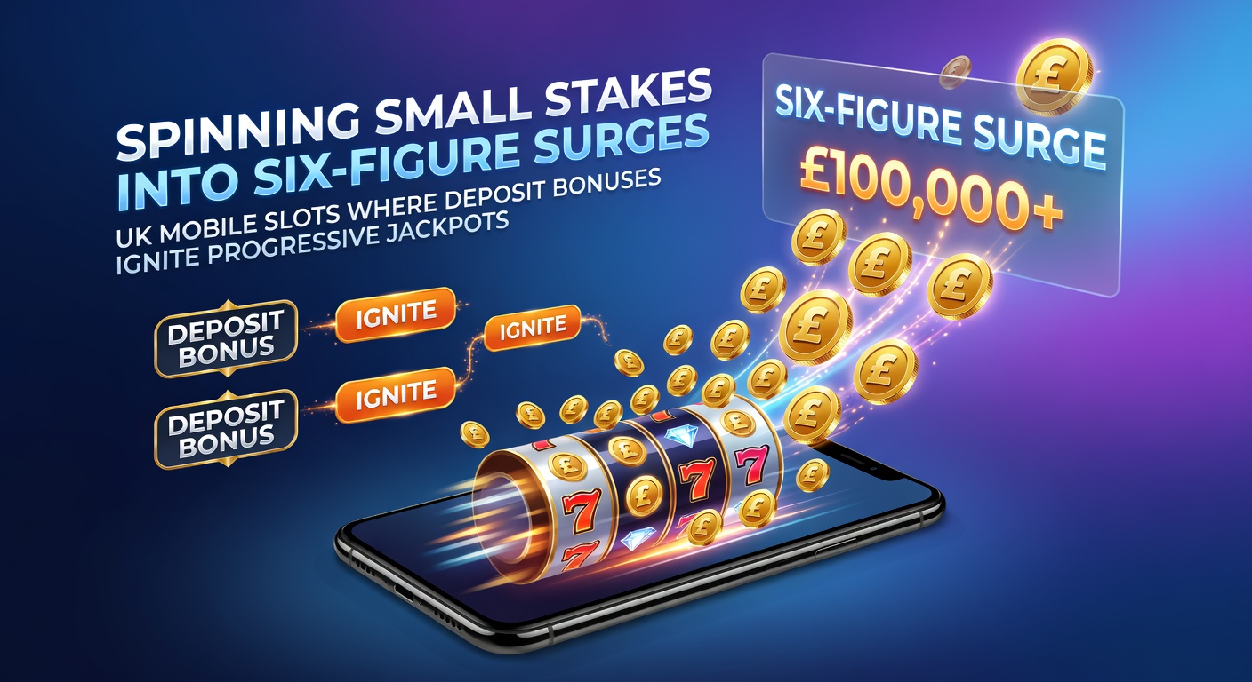 Vibrant mobile slot screen showing a progressive jackpot counter ticking up alongside bonus deposit icons and small coin stacks transforming into towering prize piles