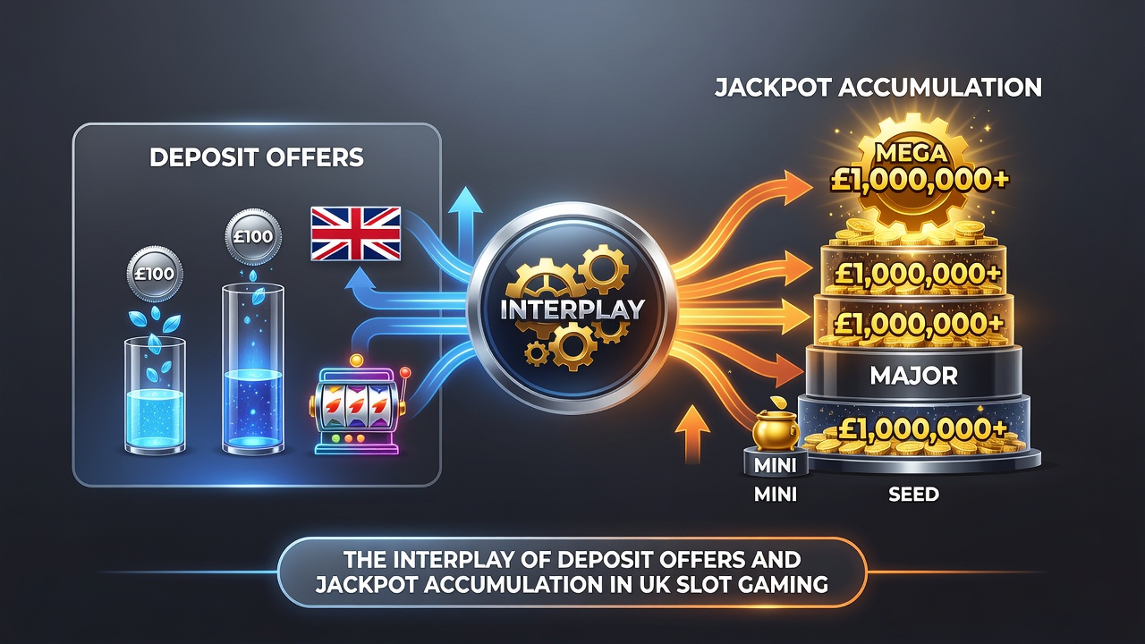 Progressive jackpot display climbing alongside active deposit bonus indicators on a UK online casino interface