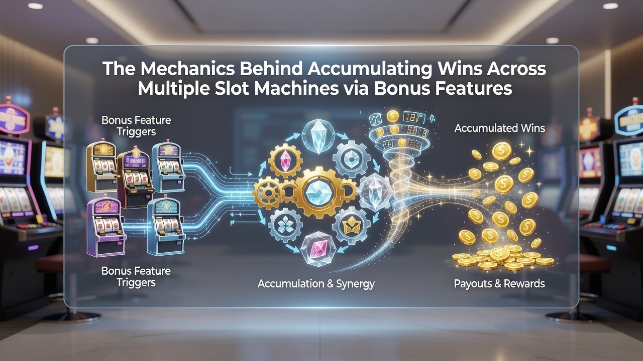 Diagram showing interconnected slot machines with bonus feature pathways and win accumulation flows