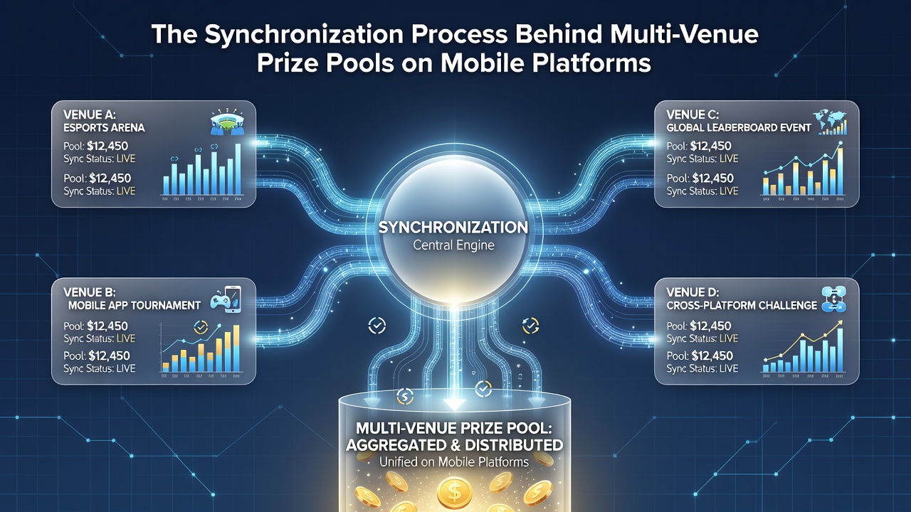 Diagram illustrating server synchronization across multiple mobile gaming venues connected through a central prize pool network