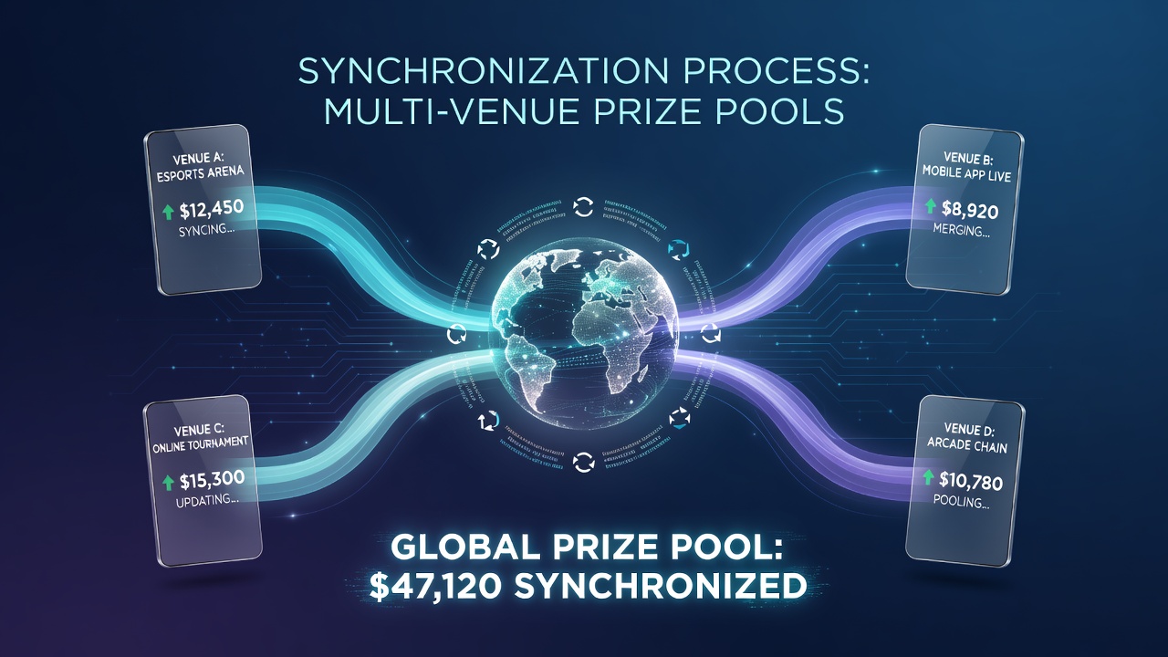 Mobile device interface showing live multi-venue prize pool updates synchronized across different casino locations