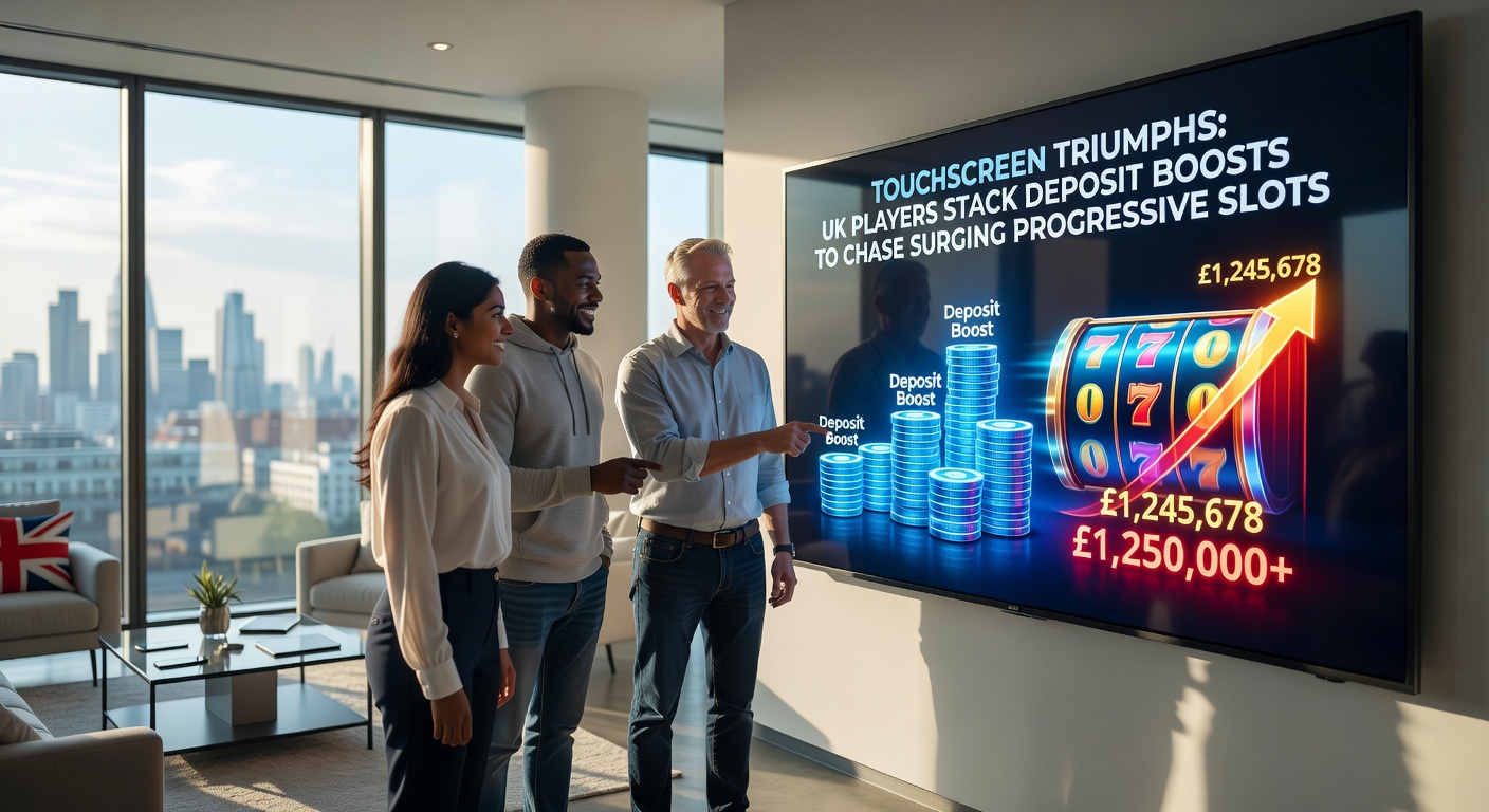 Dynamic screenshot of a touchscreen progressive slot showing rising jackpot meter alongside stacked deposit boost icons