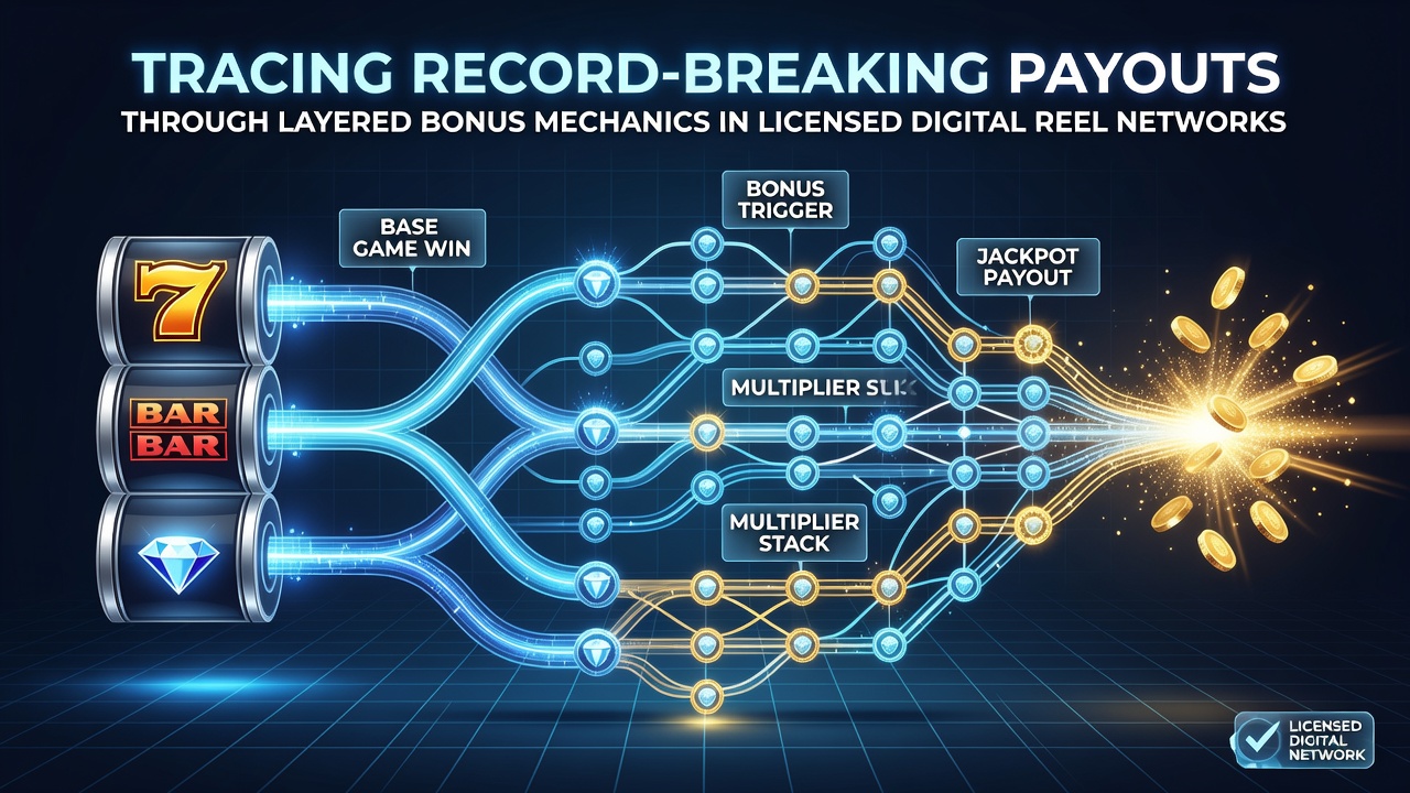 Network diagram showing layered bonus structures across licensed digital reel platforms with payout flow indicators