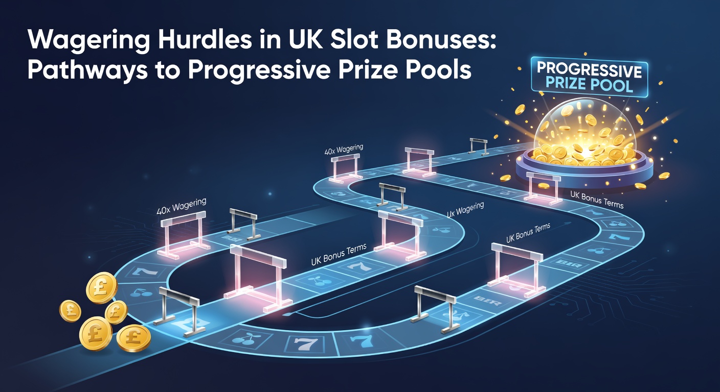Illustration of slot reels with bonus icons and a winding path leading to a glowing progressive jackpot pool, symbolizing wagering challenges and rewards