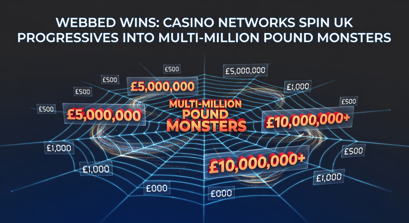 Visual representation of interconnected casino networks linking progressive jackpot pools across UK platforms, showing cascading coins and digital webs forming massive prize pots
